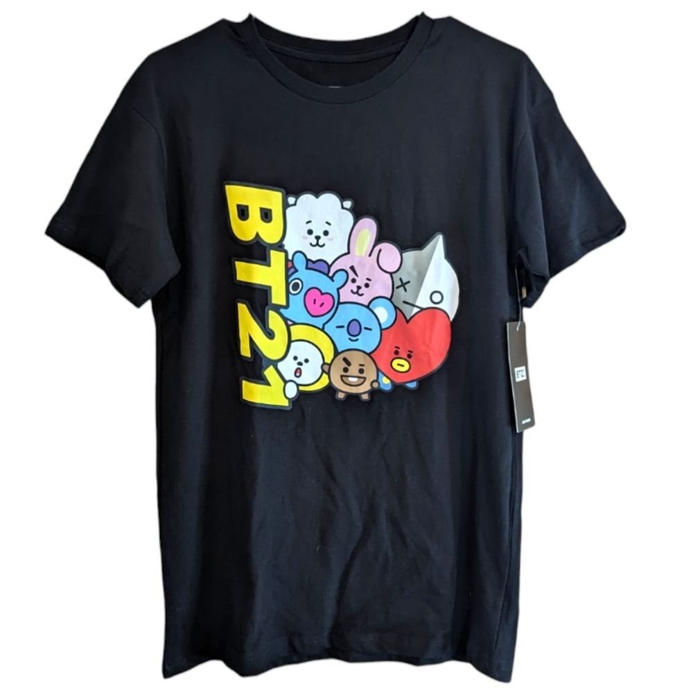 BT21 K-Pop Character Graphic T-Shirt Black Cotton Casual Tee MD